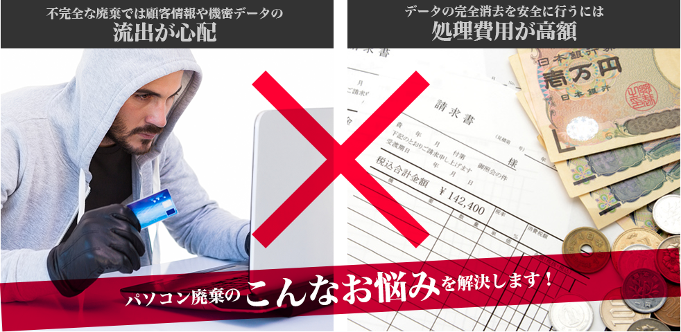 不完全な廃棄では顧客情報や機密データの流出が心配　データの完全消去を安全に行うには処理費用が高額　パソコン廃棄のこんなお悩みを解決します！